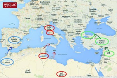 Una mappa del documento propagandistico dell'Isis diffuso su internet, che prevede la conquista dell'Europa partendo da un attacco missilistico su Italia e Spagna. Roma, 2 febbraio 2015. FOTO ANSA / INTERNET